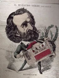 Il Maestro Verdi", karykatura włoskiego kompozytora Giuseppe Verdiego (1813-1901) w stroju szlifierza organów